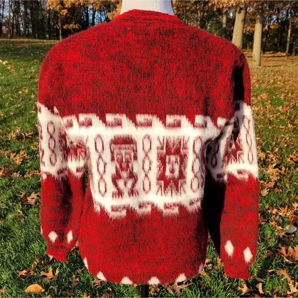 Fair Isle Red & White Fuzzy V-neck Cozy Sweater Stretchy size Small - Picture 3 of 12